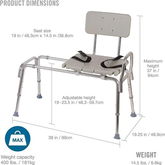 Heavy-duty Sliding Transfer Bench Shower Chair With Cut-out Seat and Adjustable - Picture 4 of 9